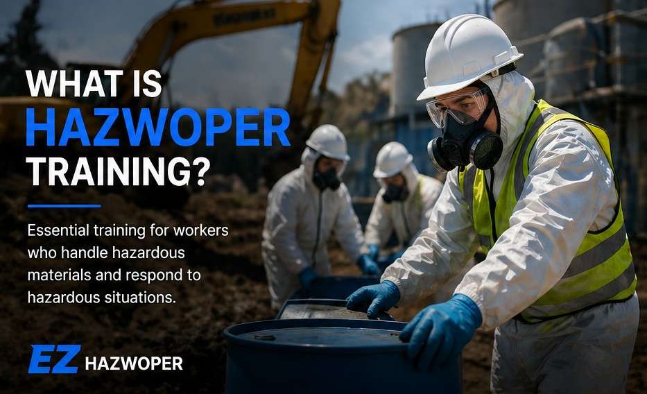 worker moving drum with toxic chemicals in full HAZWOPER PPE