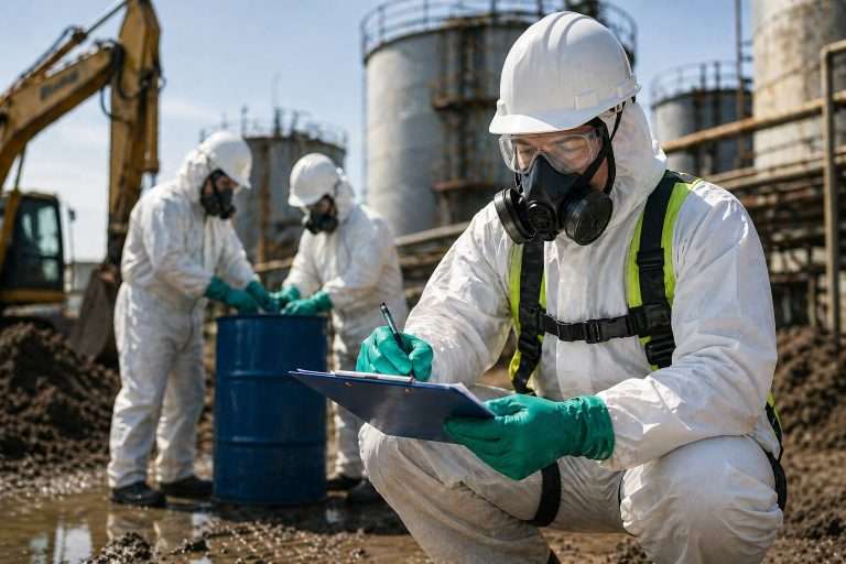 worker in protective gear working on site