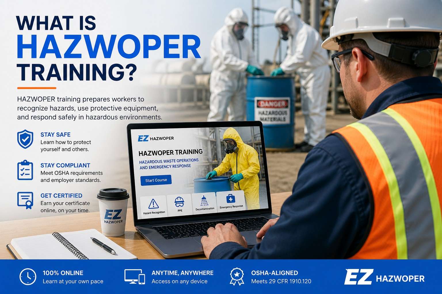 Construction worker completing hazwoper training online