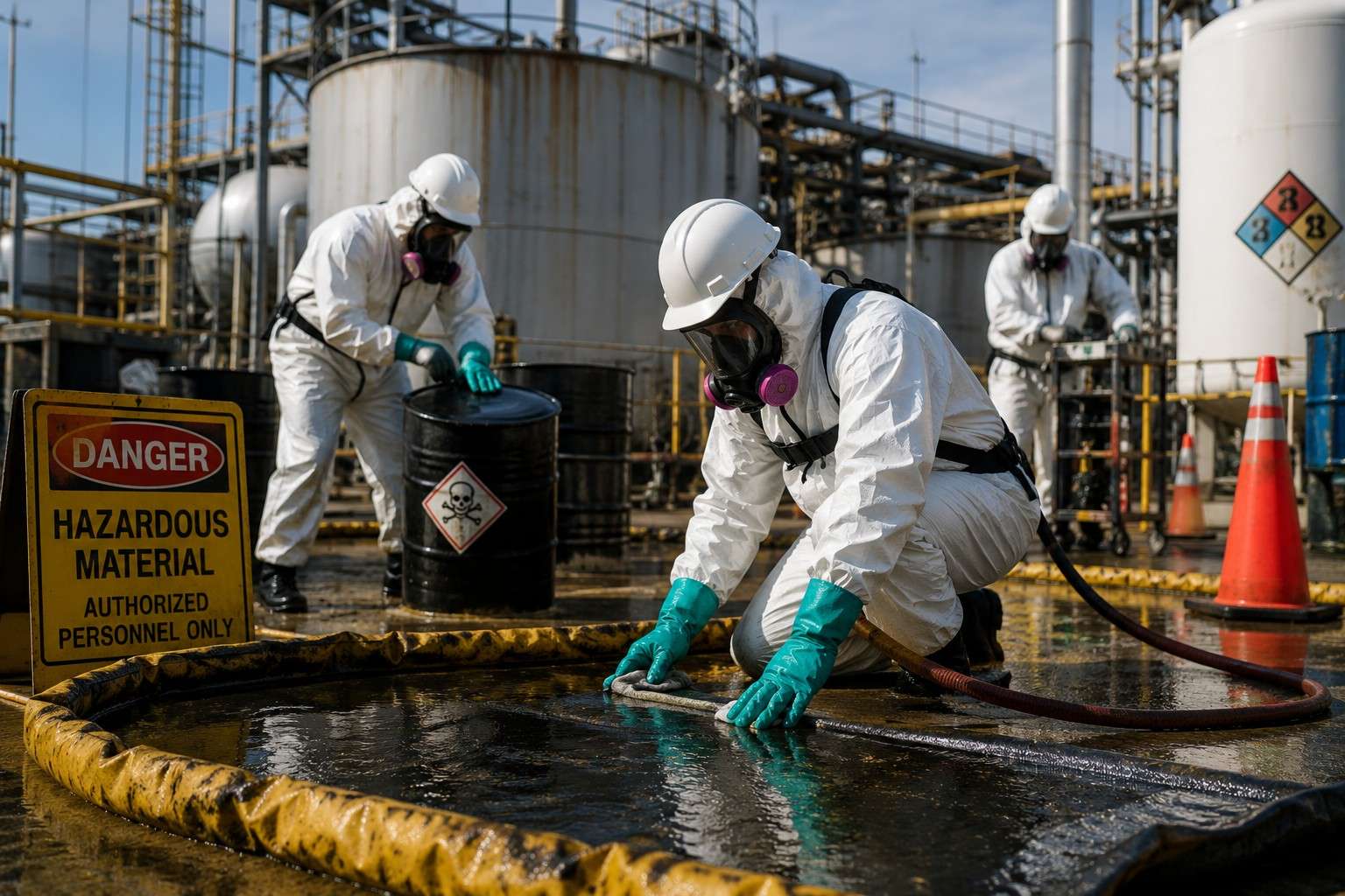 Environmental workers performing hazardous waste cleanup operations