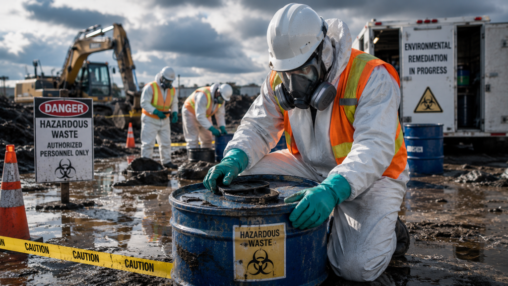Workers performing hazardous waste cleanup operations while following OSHA HAZWOPER requirements at an environmental remediation site.