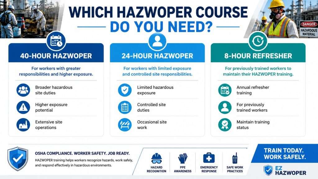 infographic comparing 40-hour HAZWOPER, 24-hour HAZWOPER, and 8-hour refresher training