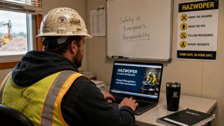 Construction worker completing 8-Hour HAZWOPER refresher training online inside a job site trailer