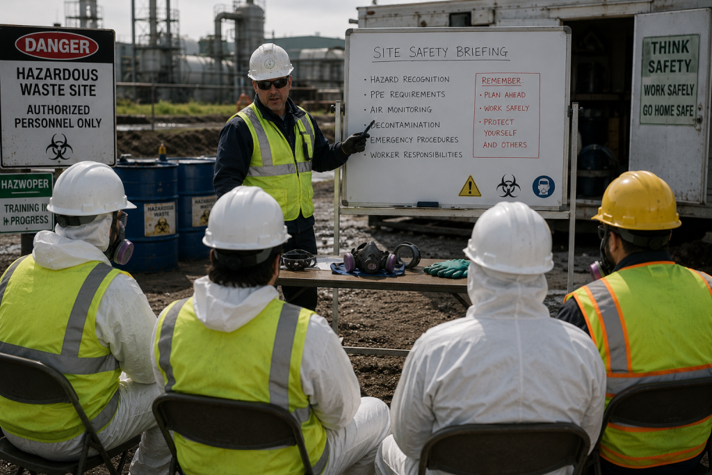 Hazardous waste site workers attending a HAZWOPER safety training briefing led by a supervisor at an industrial remediation site.