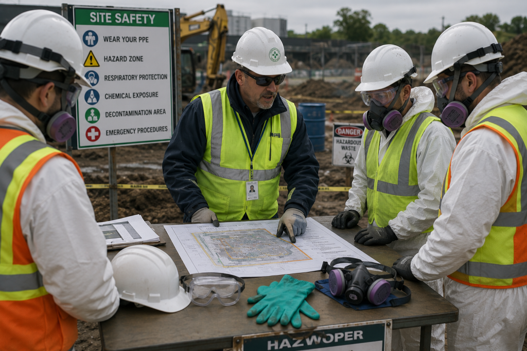 Safety supervisor reviewing a HAZWOPER site safety plan with workers wearing personal protective equipment at an environmental remediation site.