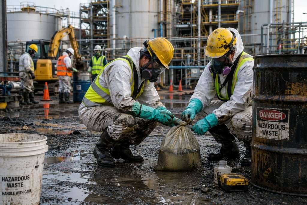 industrial workers wearing protective equipment on hazardous site