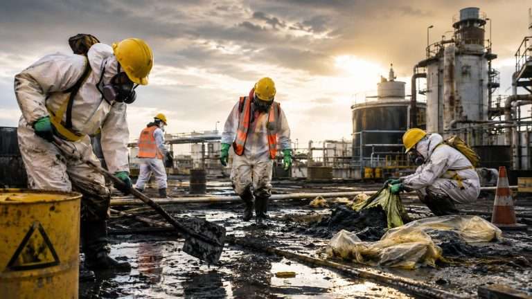 industrial workers wearing protective equipment on hazardous site