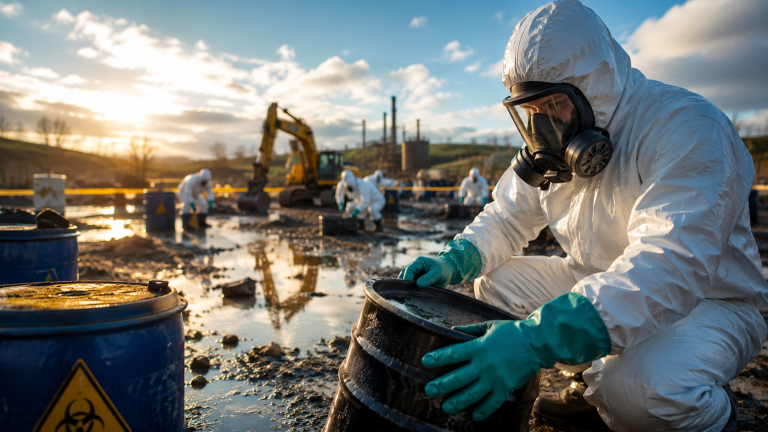 Hazmat worker in protective suit and respirator handling a container at a hazardous waste cleanup site.