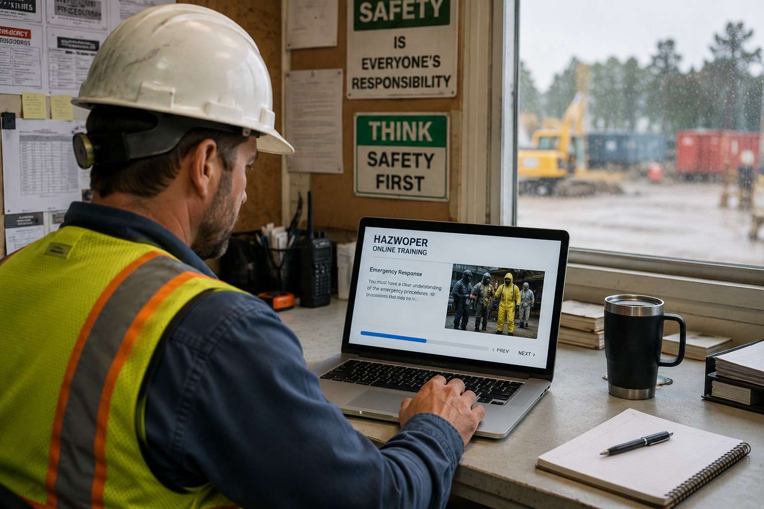 worker completing online hazwoper training on laptop