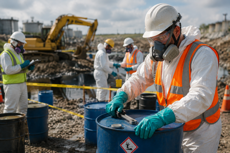 Workers performing hazardous waste cleanup operations while following OSHA HAZWOPER requirements and safety procedures.