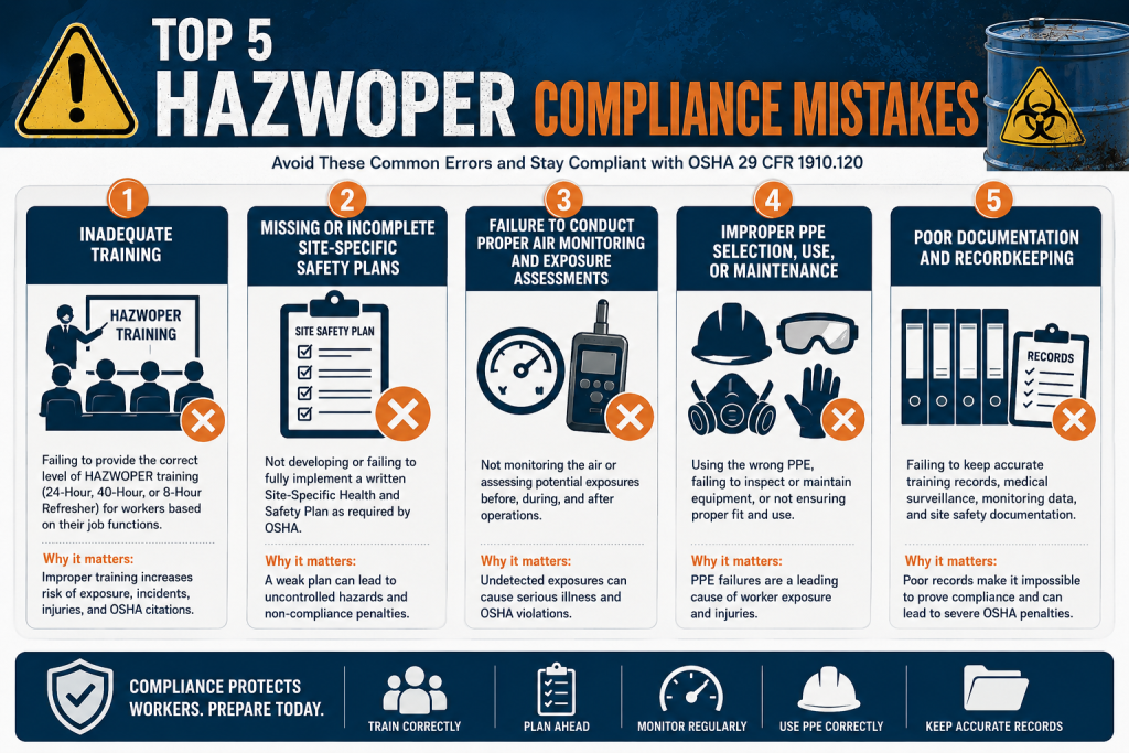 Infographic showing the top five HAZWOPER compliance mistakes including inadequate training, missing site safety plans, poor air monitoring, improper PPE use, and inadequate recordkeeping.