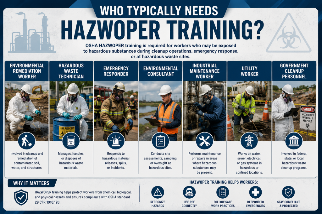 Infographic showing occupations that commonly require HAZWOPER training, including environmental remediation workers, hazardous waste technicians, emergency responders, environmental consultants, industrial maintenance workers, utility workers, and government cleanup personnel.