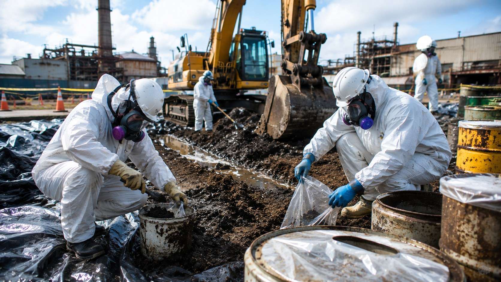 Environmental remediation workers wearing protective suits and respirators collecting contaminated soil samples during a hazardous waste cleanup project requiring HAZWOPER training.