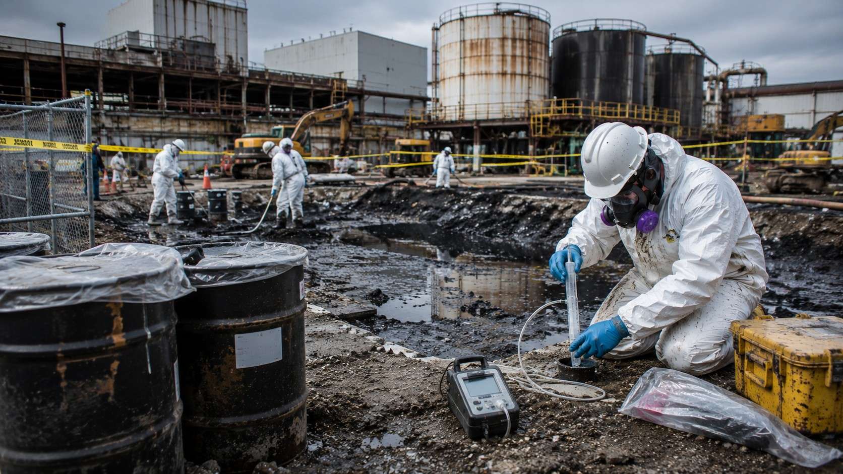 Industrial hazardous waste cleanup operation requiring HAZWOPER-trained workers at a former industrial facility.