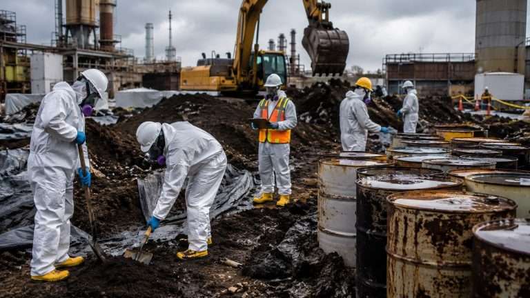 Workers wearing Tyvek suits, respirators, hard hats, gloves, and safety boots performing hazardous waste cleanup operations at a contaminated industrial site requiring 40-Hour HAZWOPER training.